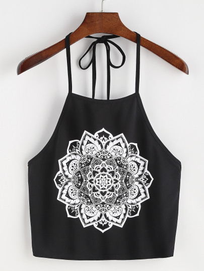 Top de cuello halter con estampado de tatuaje - negro