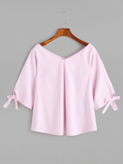 Blusa con cuello en V de manga con cordón - rosa