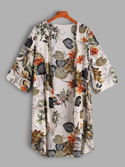 Tropical Print Dip Hem Kimono