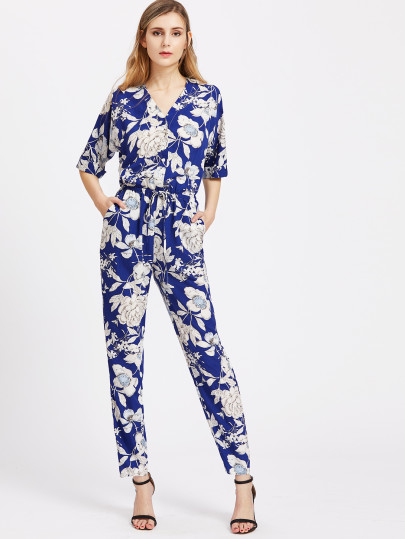 Floral V Neck Drawstring Shirtwaist Jumpsuit