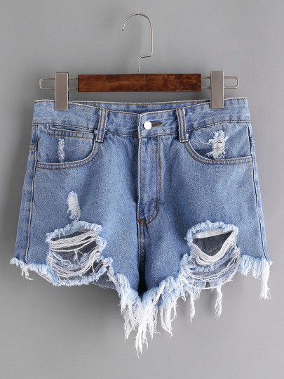 Distressed Raw Hem Denim Shorts