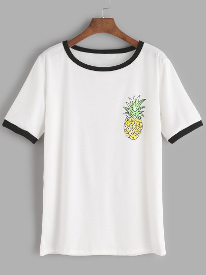 Tee-shirt imprimé ananas blanc bicolore