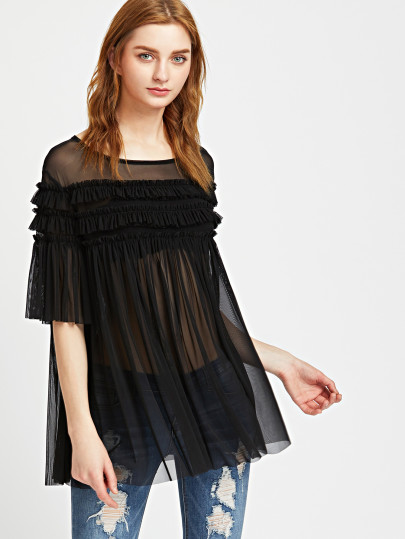 Frill Detail Pleated Swing Mesh Top