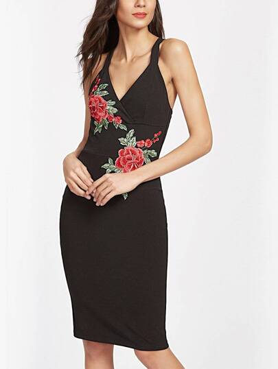 Schwarz gestickte Rose Applique Surplice Vorne Crisscross Rücken Kleid