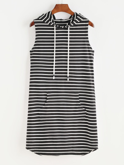 Contrast Striped Pocket Front Drawstring Hooded Dress