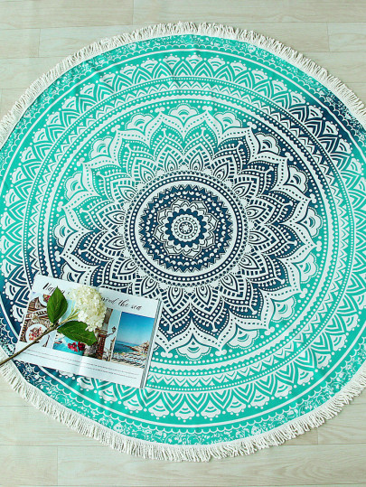 Verde Vintage stampa floreale frangia della cornice rotonda Beach Blanket