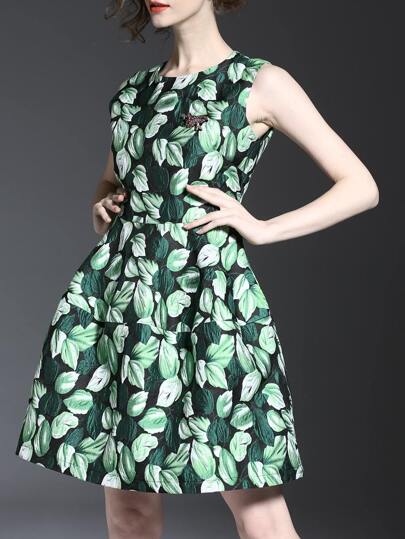 Multicolor Beading Leaves Jacquard A-Line Dress