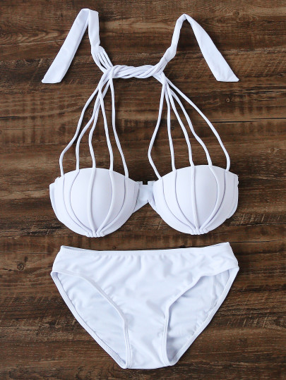 White Strappy Halter Bikini Set