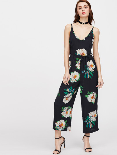 Mono con pernera ancha con estampado floral y cordón - marino