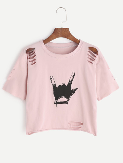 Pink Love Gesture stampa strappato la maglietta