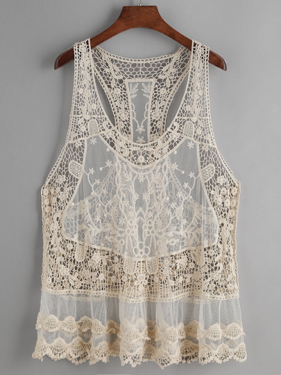 Beige Hollow Out Crochet Lace Tank Top