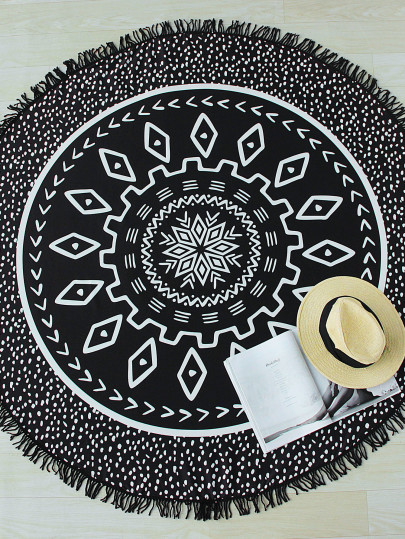 Black Dot Print Fringe Detail Round Beach Blanket