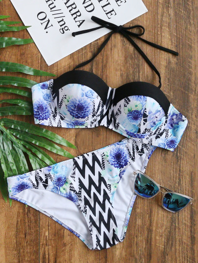 blumen - und chevron print - halter bikini - set