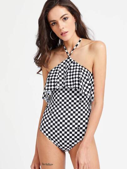 Body de cuello halter con abertura de cuadros con volantes -negro blanco