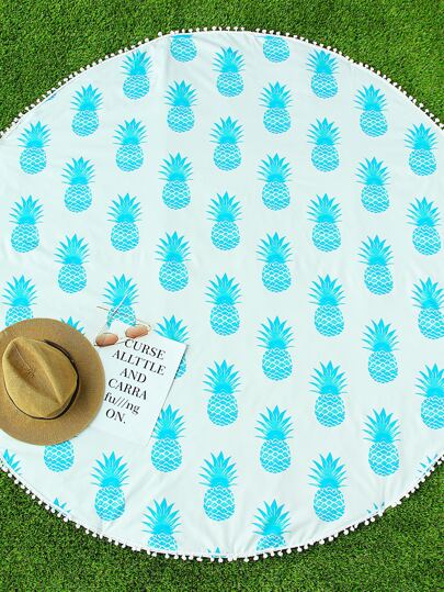 Blu Ananas Stampa Pompon Trim rotonda Beach Blanket