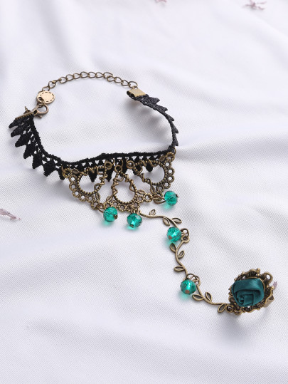 Black Lace Crochet Bracelet With Flower Ring