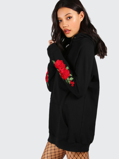 Black Drop Shoulder Embroidered Rose Sleeve Hoodie