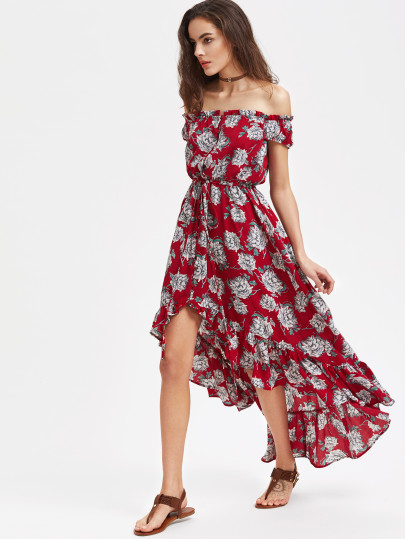 Flower Print Button Front Drawstring Waist High Low Ruffle Dress