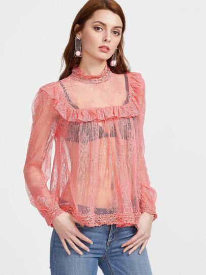 Top gehäklen Saum Rüschen Sheer Blumen Spitze-rosa