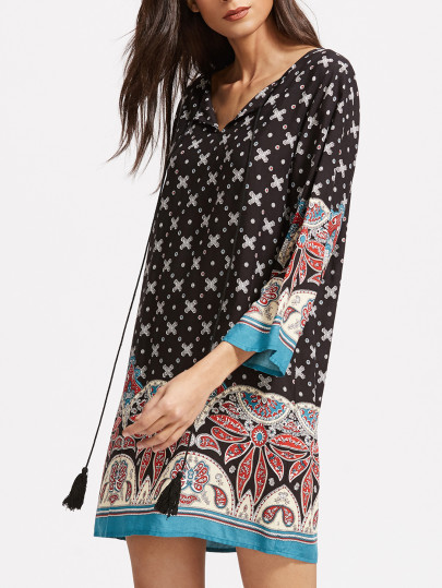 Ornate Print Tassel Tie Neck 3/4 Sleeve Tunic Dress