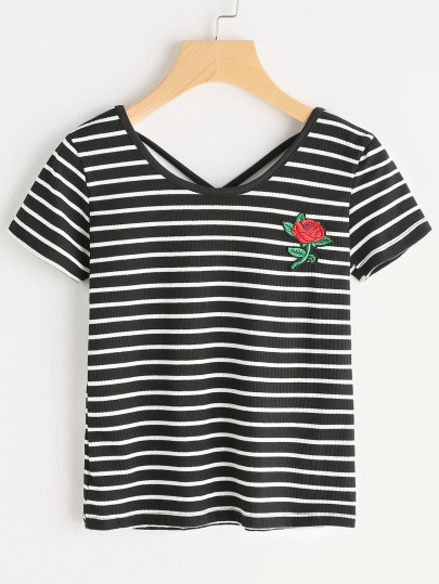 Striped Rose Ricamato Criss Cross Back Tshirt