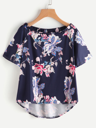 Boat Neckline Floral Print Dip Hem Top