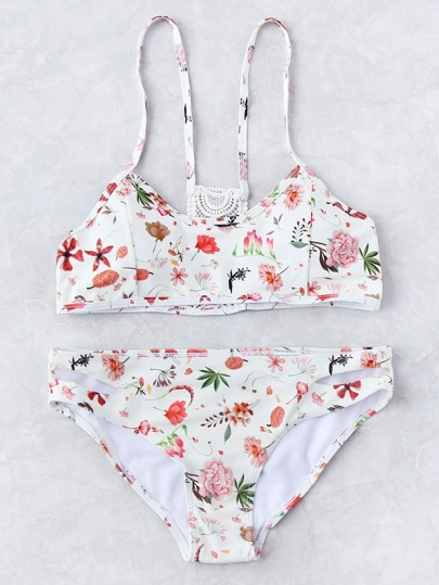 Sets de bikini estampado de calicó con abertura de espalda de croché