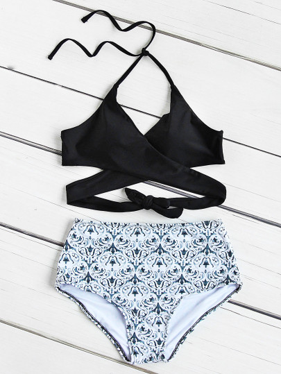 Top bikini,con slip bikini a vita alta con stampa mista
