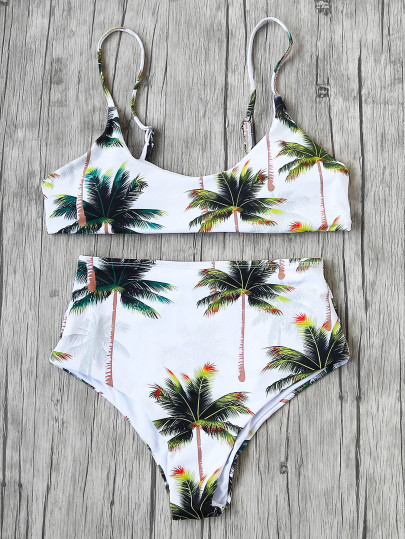 Conjunto de bikini con la figura de palmera de cintura alta