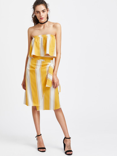 Striped Bandeau Top With Side Knot Skirt