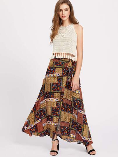 Patchwork Print Maxi Wrap Skirt