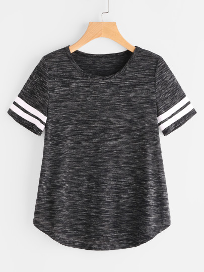 Space Dye Striped Sleeve Curved Hem Tee