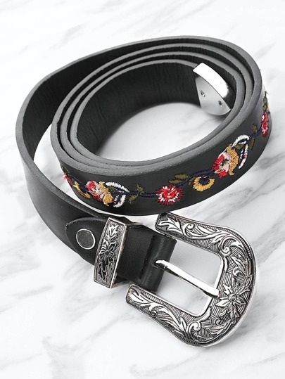 Flower Embroidery Contrast Buckle Belt