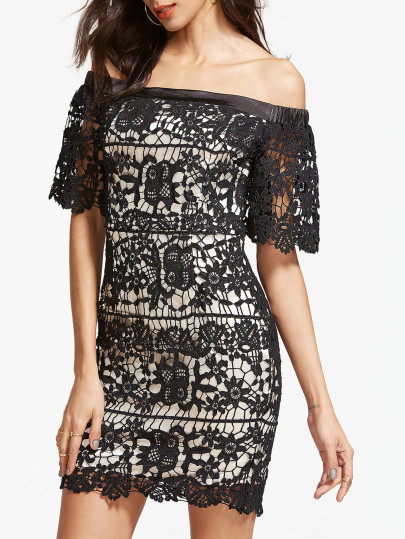 Black Embroidered Lace Overlay Off The Shoulder Dress
