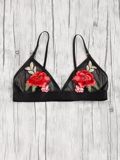 Reggiseno a triangolo in tessuto con rosa ricamata