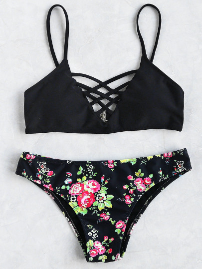 Ensemble de bikini Floral Crisscross V Neck