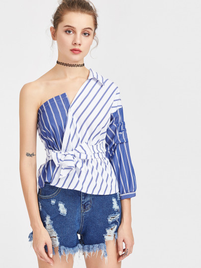 Color Block Self Tie Waist Striped Blouse