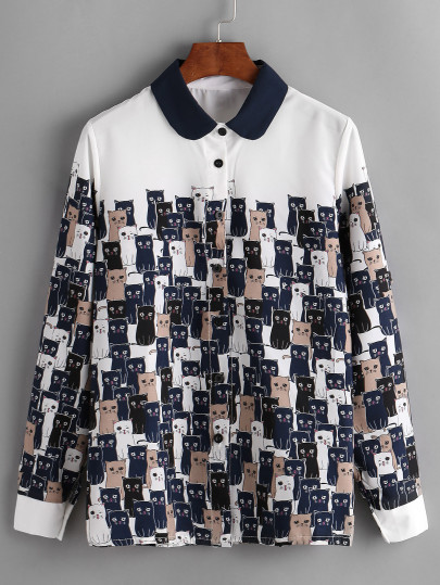 Camicia contrasto collare con stampa di gatto