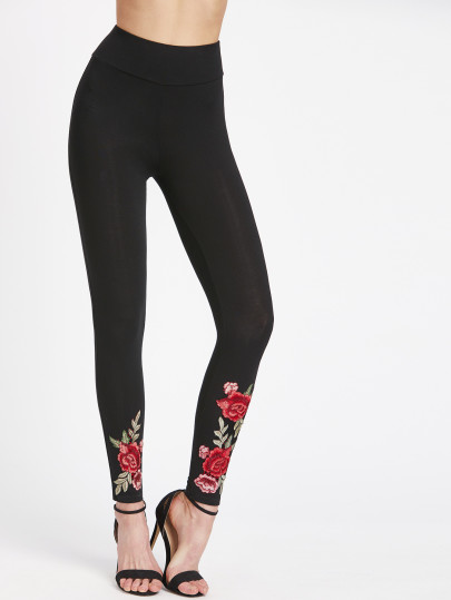 Embroidered Flower Applique Wide Waistband Leggings