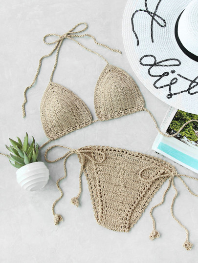 Side Tie Crochet Triangle Bikini Set