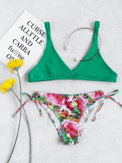 Dreieckiges Bikini Set mit Seite Träger und Flamingo Muster