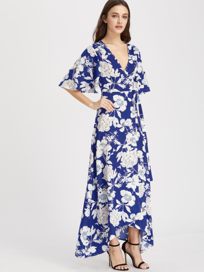 Flower Print Flutter Sleeve Surplice Wrap Dress
