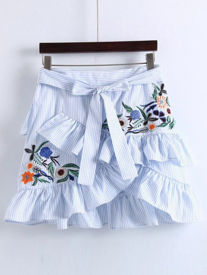 Pinstripe Ruffle Trim Overlap Front Skirt