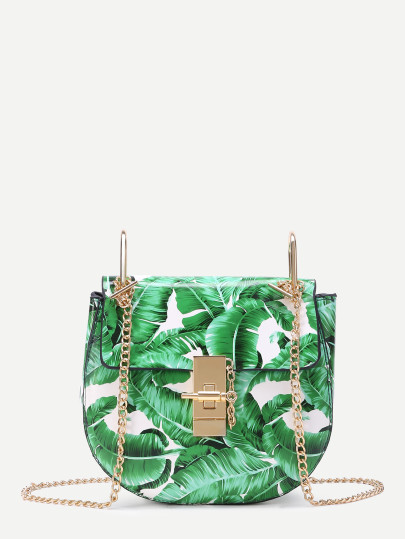 Leaf Print Flap Saddle PU Bag With Chain
