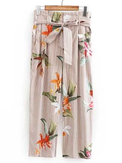 Vertical Striped Wide Leg Pants With Self Tie