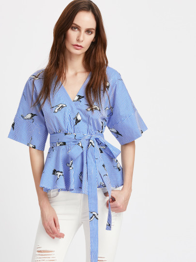 Cranes Print Surplice Front Striped Peplum Kimono Top