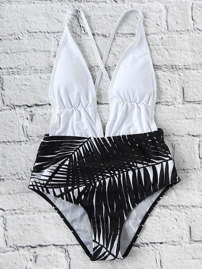 Two Tone Leaf Print Plunge Neck Monokini