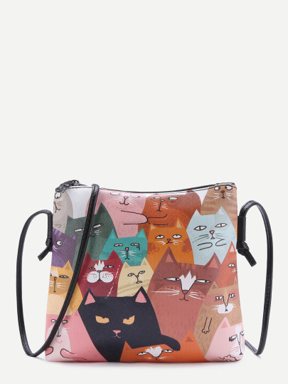 Bolso de hombro con estampado de gato de pu con bolsillo