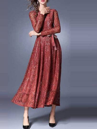Vestido Maxi de encaje de cintura con cordón con malla