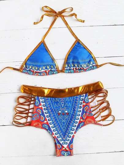 Tribal Print Ladder Cutout High Waist Bikini Set